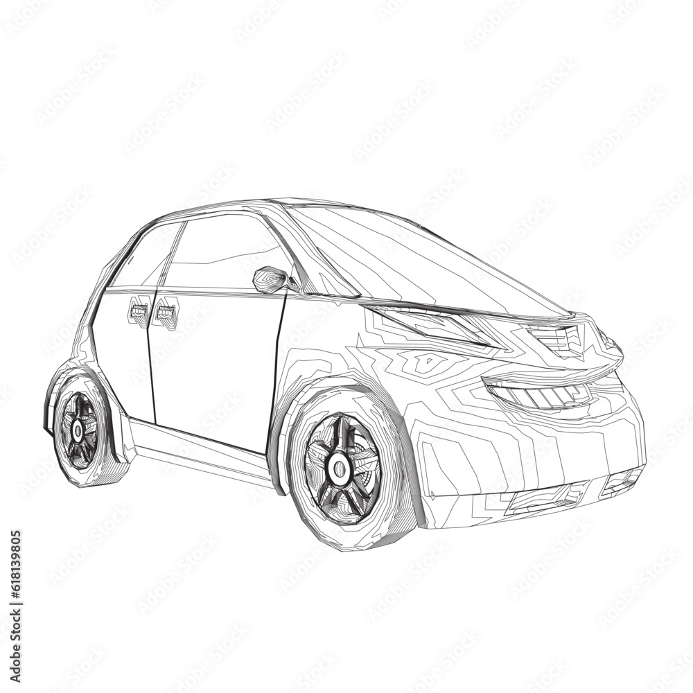 Fototapeta premium Vector flat illustration of contour small car. City car blueprint. Blank compact car template for branding or advertising. Food delivery car.