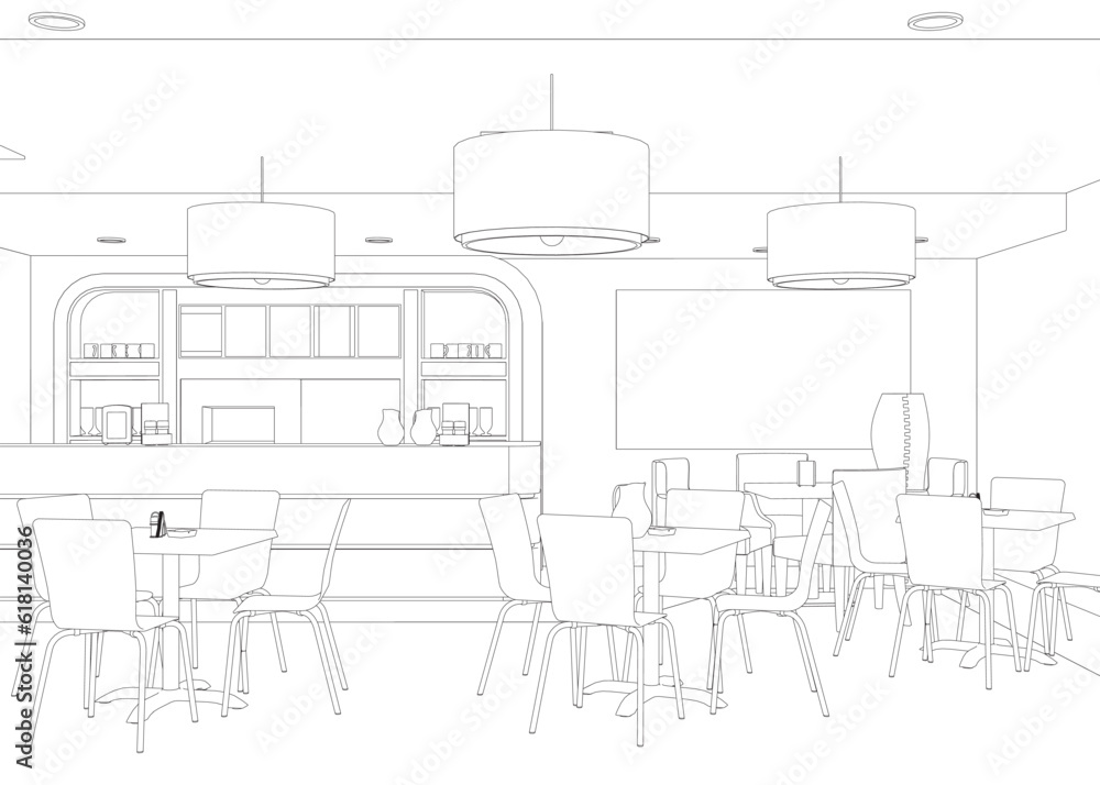Modern Restaurant. Contour of furnished interior of fancy restaurant or bistro hand drawn with contour lines on white background. Rough drawing of modern cafe. Monochrome vector illustration. Modern Restaurant. Contour of furnished interior of fancy restaurant or bistro hand drawn with contour lines on white background. Rough drawing of modern cafe. Monochrome vector illustration.