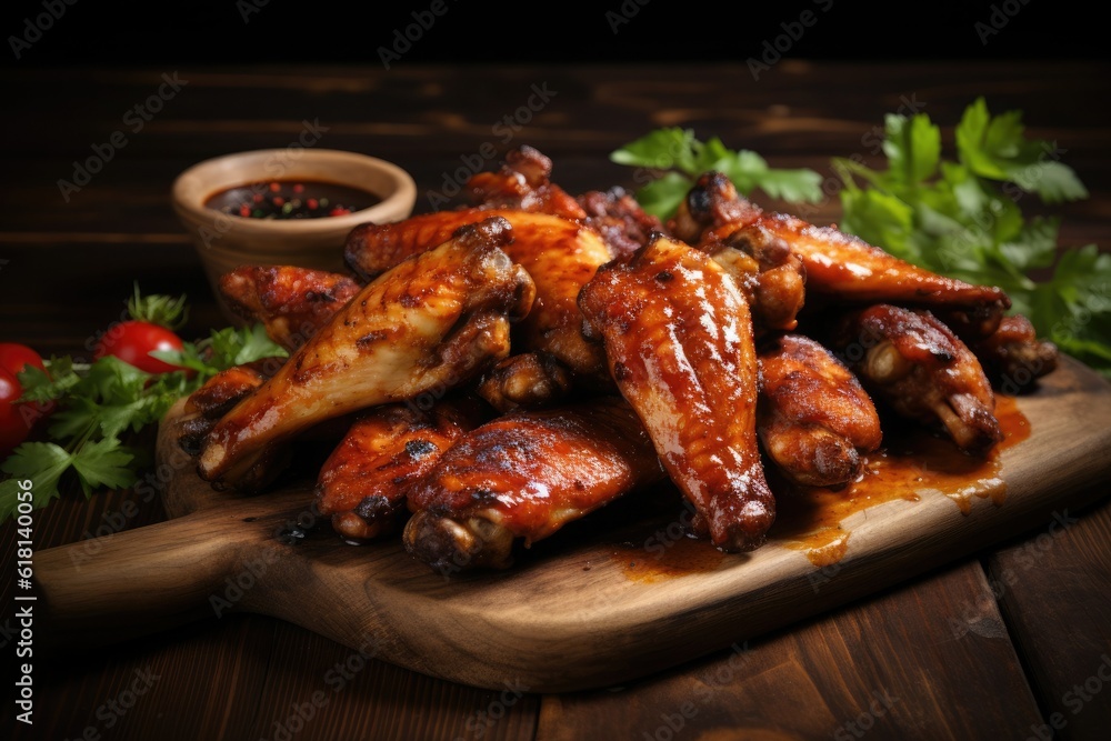 Chicken wings in barbecue sauce with herbs and tomatoes on a wooden board. Chicken wings in barbecue sauce with herbs and tomatoes on a wooden board.