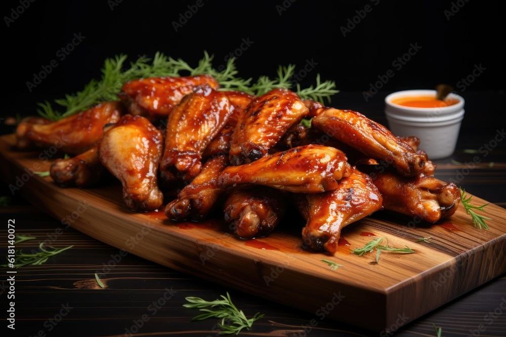 Chicken wings in barbecue sauce with herbs on a wooden board.