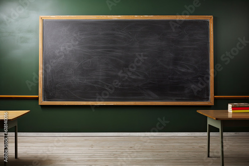 A large empty graphite blackboard in a classroom with desks.