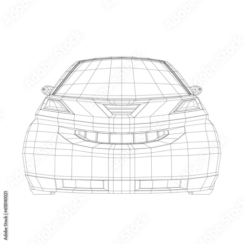 Vector illustration of wireframe small car. City car blueprint. Blank compact car template for branding or advertising. Food delivery car. 3D.