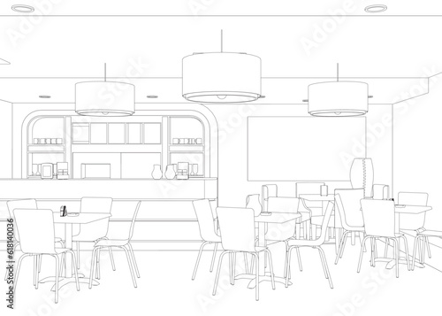 Modern Restaurant. Contour of furnished interior of fancy restaurant or bistro hand drawn with contour lines on white background. Rough drawing of modern cafe. Monochrome vector illustration.
