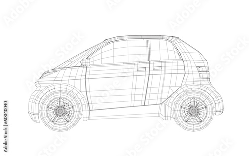 Vector illustration of wireframe small car. City car blueprint. Blank compact car template for branding or advertising. Food delivery car. 3D.