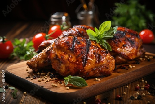 Grilled chicken on a wooden board with basil and tomatoes.