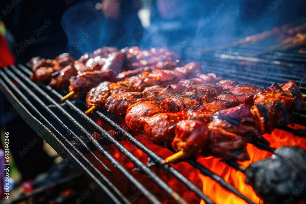 Meat on wooden skewers on a barbecue grill on fire.