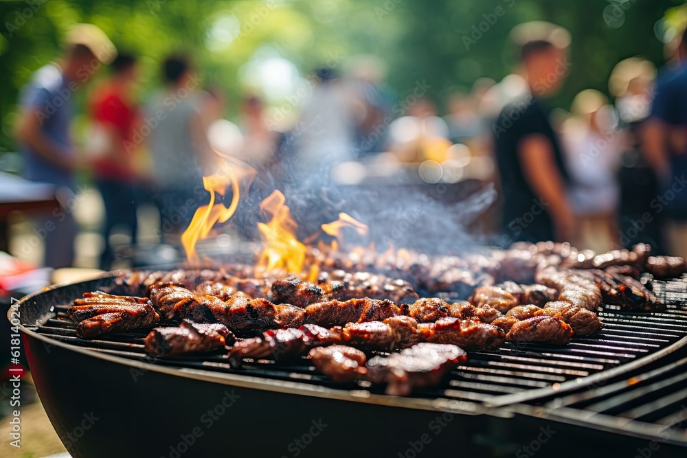 Barbecue party in the park or backyard of the house with meat on the grill.