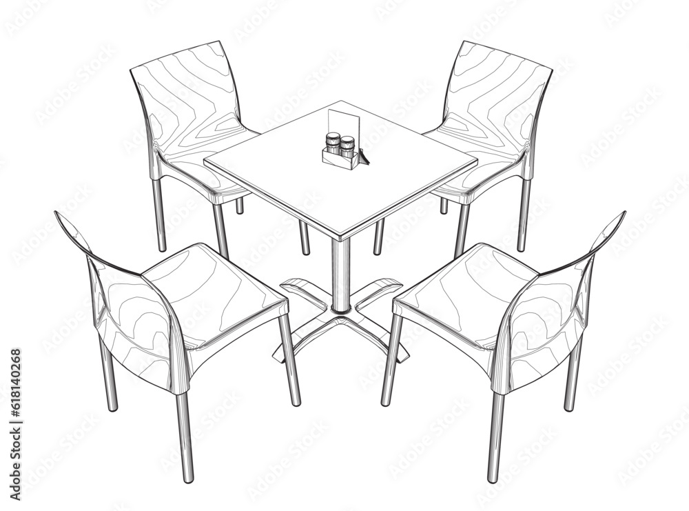Contour Modern round table with chairs. Vector illustration. Hand drawn vector line art sketch of a dining table with chairs. Contour Modern round table with chairs. Vector illustration. Hand drawn vector line art sketch of a dining table with chairs.
