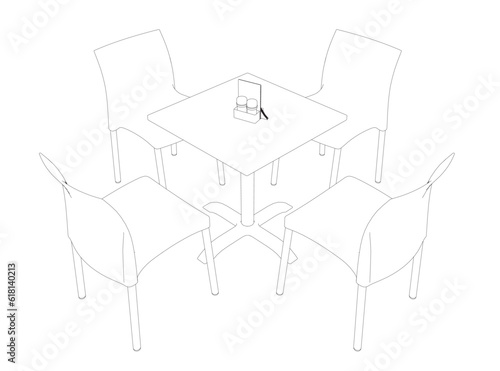 Contour Modern round table with chairs. Vector illustration. Hand drawn vector line art sketch of a dining table with chairs.