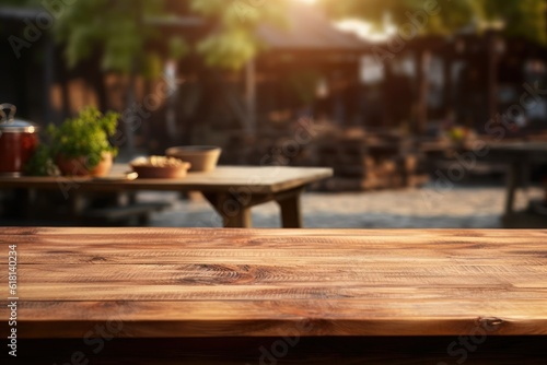 Large empty wooden table with space for promotional items in the backyard of the house.