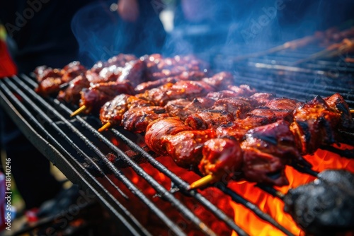 Meat on wooden skewers on a barbecue grill on fire.