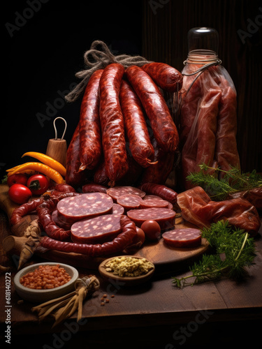 Assortment of dried and raw smoked sausages