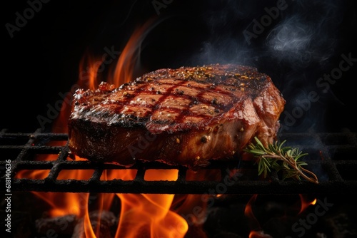 Juicy steak on a grill with fire on a black background.