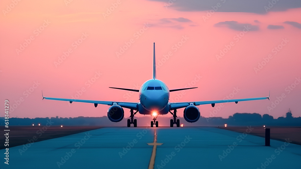 Passenger plane landing on the runway of the airport in the city against the backdrop of a sunset in pink and purple colors. Сreated AI