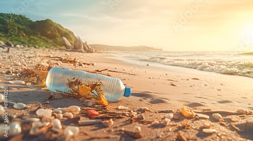 A plastic bottle lies on the shore of a paradise tropical beach. Conceptual environmental pollution, sea water ocean and reef. Ai generanive