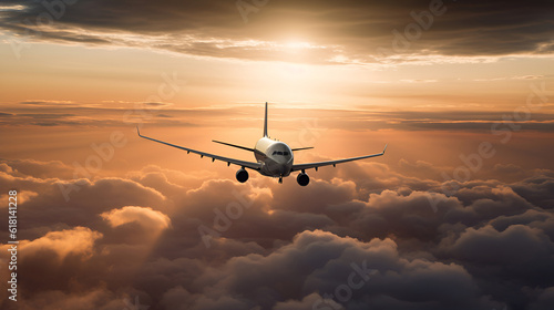 Passenger plane flies among clouds of sunset sunbeams in pink and purple tones. Top view. The concept of travel and passenger transportation. Generation AI.