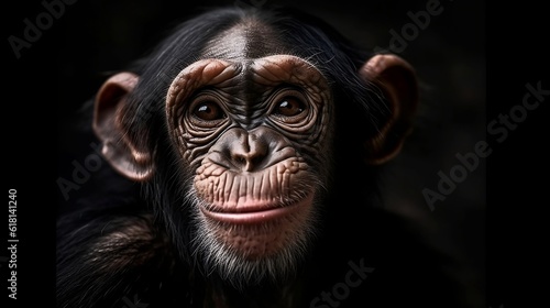 Close up portrait of a happy chimpanzee. Generative AI © Kateryna Kordubailo