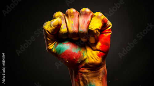 black history month celebration. fist with red, yellow and green colored painting photo