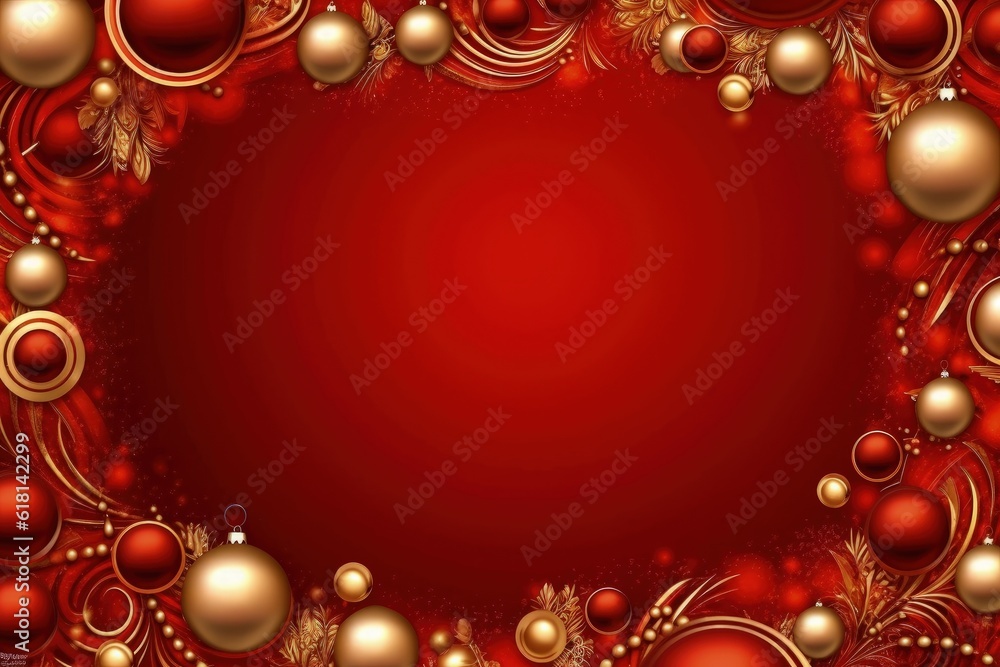 Red background with christmas decoration, space to write, christmas holiday. Generative AI