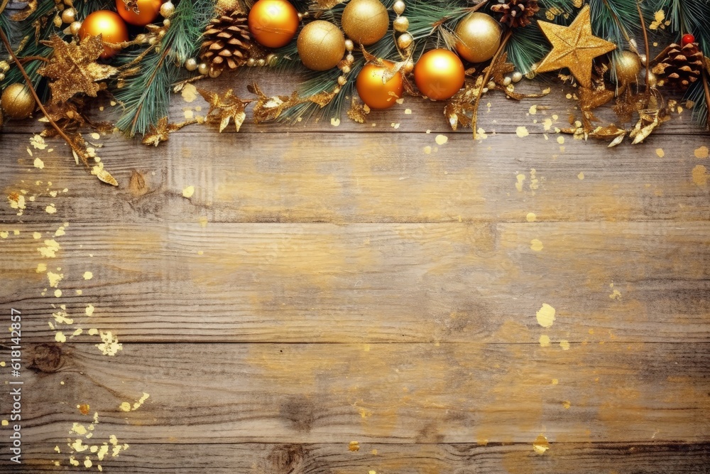 Fototapeta premium Wooden background with christmas decoration, space for writing, christmas holiday concept. Generative AI