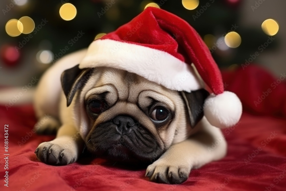 Cute dog with santa claus hat, christmas holiday concept. Generative AI Cute dog with santa claus hat, christmas holiday concept. Generative AI