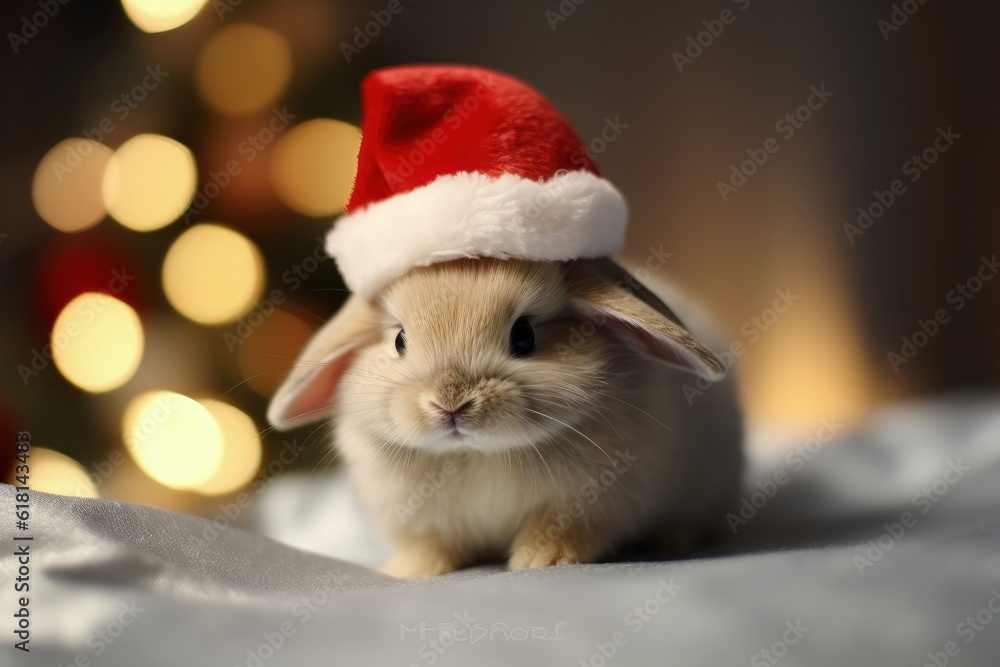 Rabbit in Santa Claus hat, Christmas holiday concept. Generative AI Rabbit in Santa Claus hat, Christmas holiday concept. Generative AI