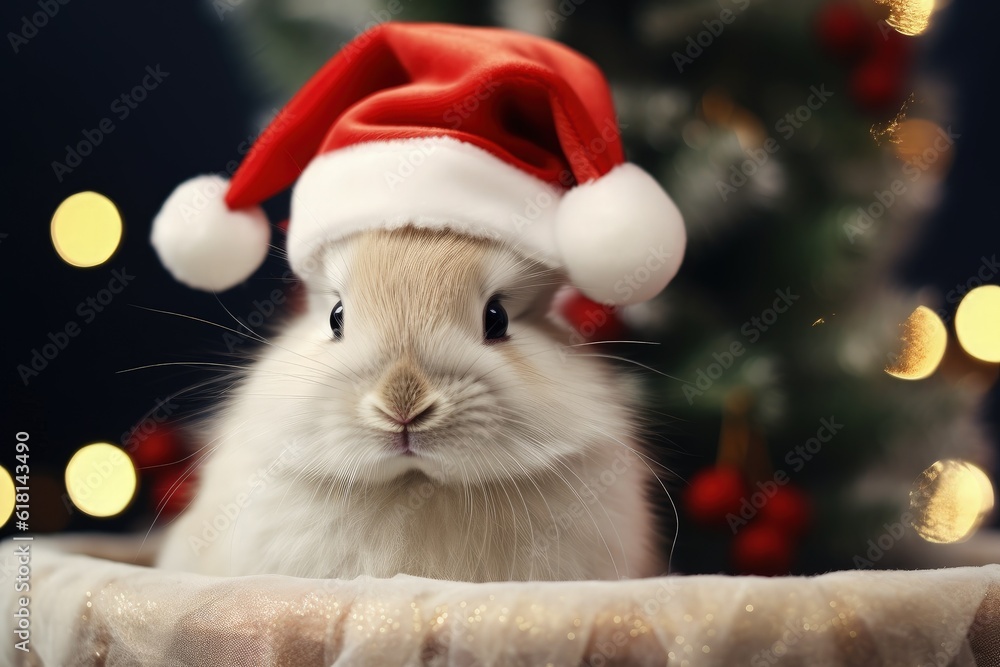 Rabbit in Santa Claus hat, Christmas holiday concept. Generative AI Rabbit in Santa Claus hat, Christmas holiday concept. Generative AI