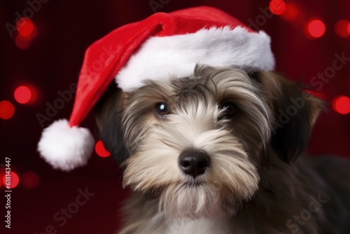 Cute dog with santa claus hat, christmas holiday concept. Generative AI © Deivison
