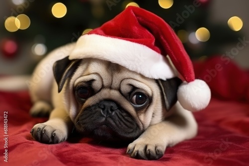 Cute dog with santa claus hat, christmas holiday concept. Generative AI © Deivison
