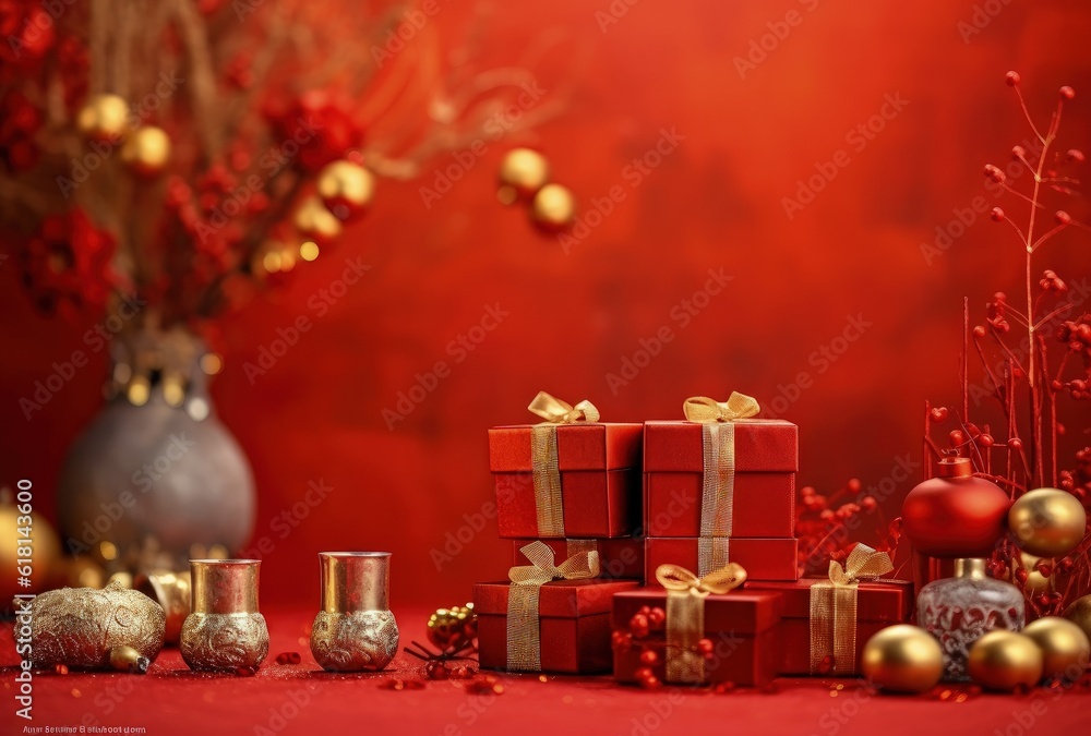 Red background with gifts and christmas decor, xmas holiday. Generative AI