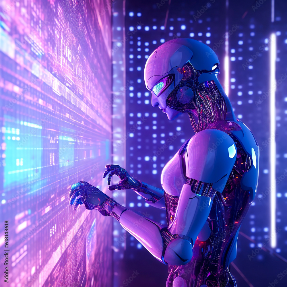 Naklejka premium a AI futuristic robot working online in the cyberspace infrastructure in internet with information technology data