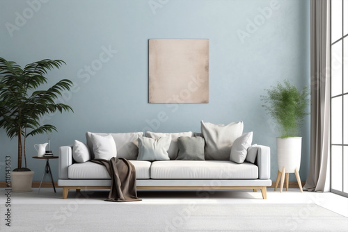 lifestyle modern sofa home design blue wall furniture room interior apartment. Generative AI.