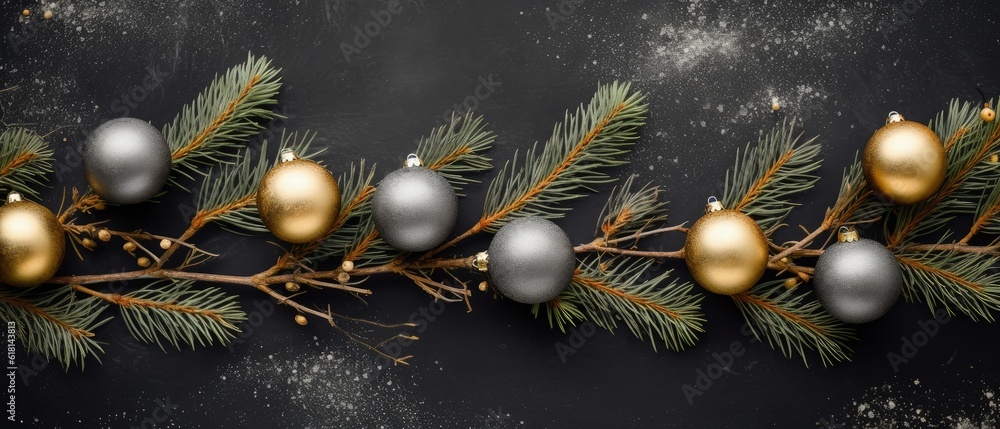 Christmas decoration on black background, space for writing, digital illustration. Generative AI Christmas decoration on black background, space for writing, digital illustration. Generative AI