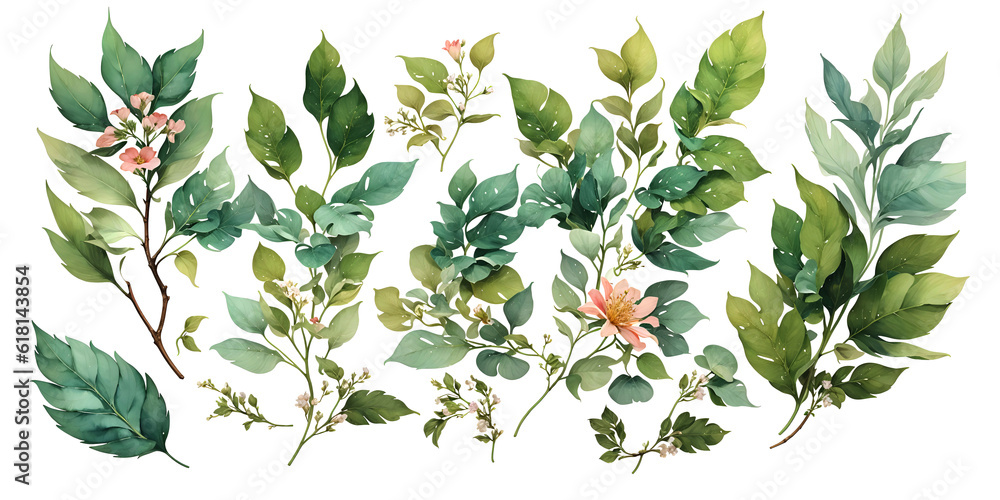 Green twigs and leaves on a white background. Green twigs and leaves on a white background.