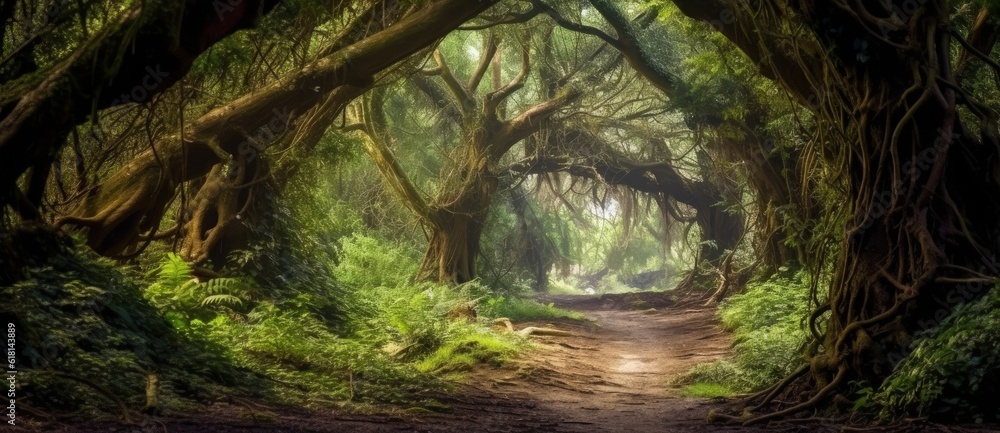 Fototapeta premium Enchanted forest, fantasy concept, digital illustration. Generative AI