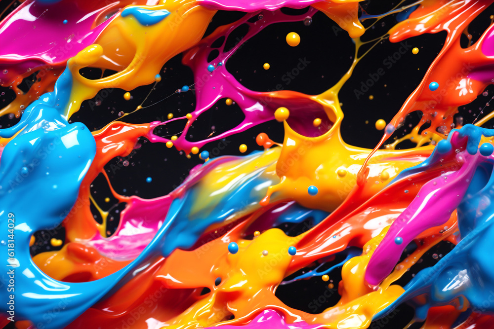 Splashes and drips of paint on black background. Bright pattern for packages, posters, banners. Universal colorful background for typography and logos. Generative Ai content Splashes and drips of paint on black background. Bright pattern for packages, posters, banners. Universal colorful background for typography and logos. Generative Ai content