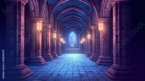 Interior of a medieval castle  game scene  shades of purple  fantasy concept. Generative AI