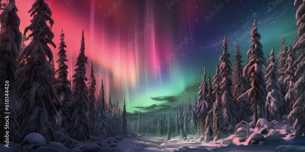 Landscape with pine forest, snow, river and northern lights. Generative AI