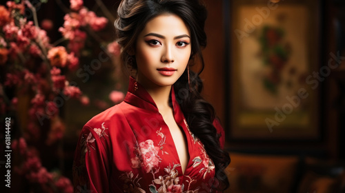 Portrait of a beautiful asian bride woman in a red dress. Generative AI.