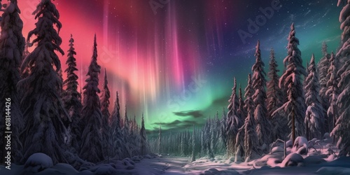 Landscape with pine forest  snow  river and northern lights. Generative AI