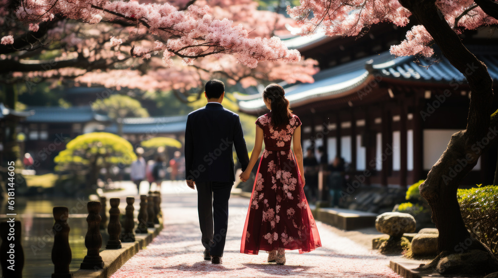 Asian couple in love walking in japanese garden with cherry blossom trees in wedding day. Generative AI.