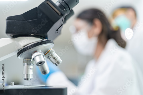 Scientific microscope data analysis in the laboratory, medicine equipment research setting in lab for chemistry work, scope lens for science microbiology and technology for medical study development