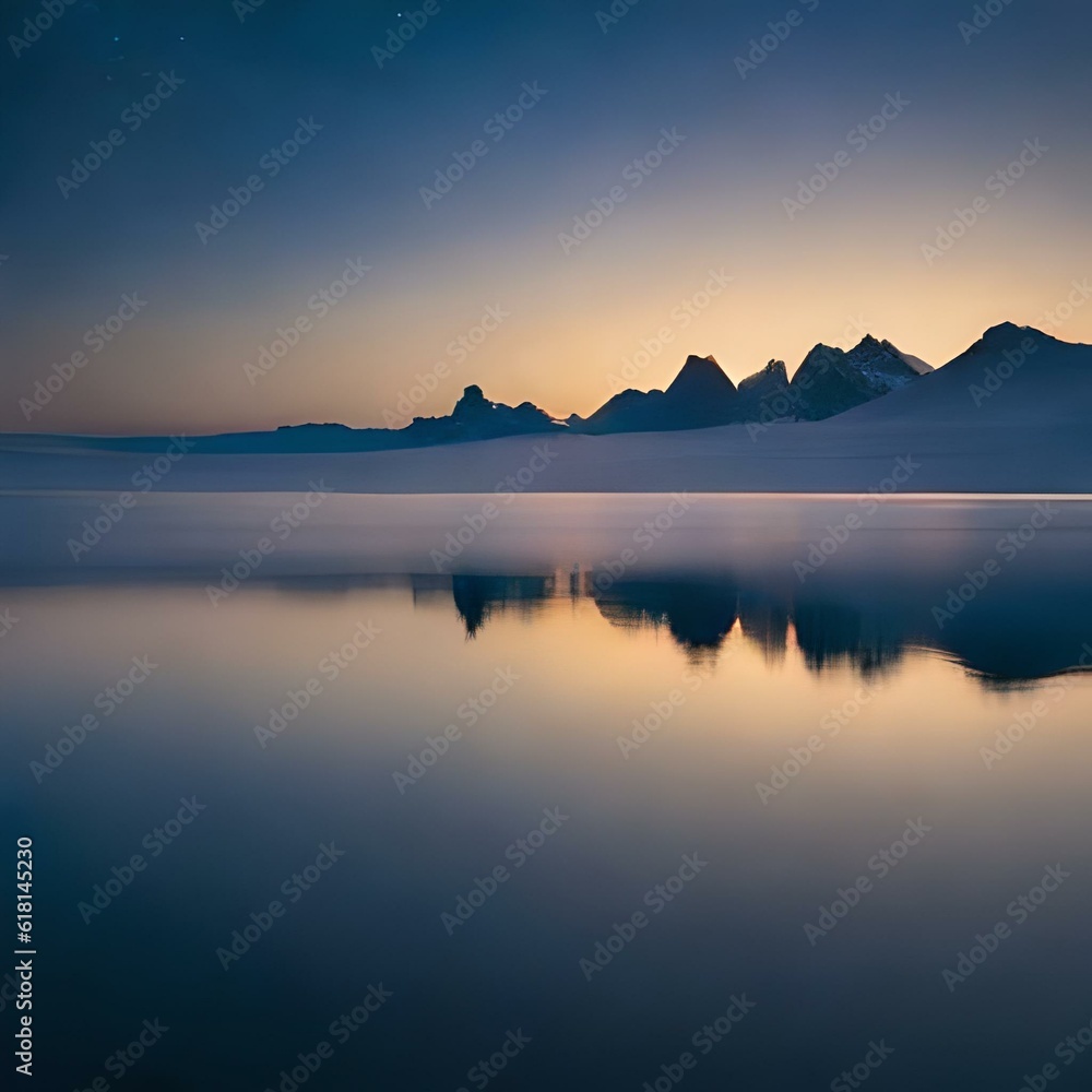 Landscape of the Salar de Uyuni with sunset on the horizon, reflecting the mountains