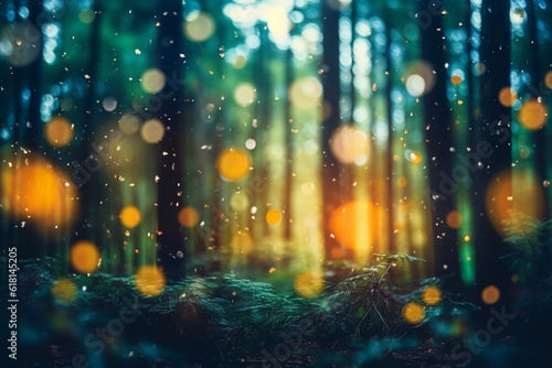 Blurred forest in the morning, defocused trees background with bokeh effect. Generative AI.
