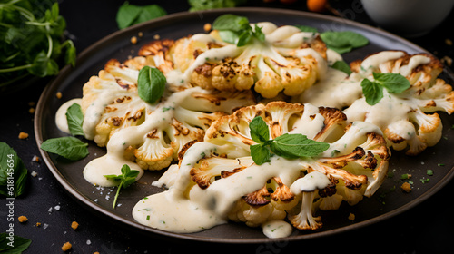 Roasted cauliflower steak with herbs and creamy sauce on black plate, close up. Healthy eating, plant based meat substitute concept. Vegan food dish, grilled cauliflower. AI generated