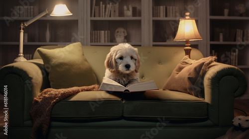 The puppy is sitting in the living room reading a book, Generative Ai