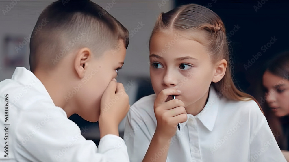 schoolboy and student whispering in class. Generative AI. schoolboy and student whispering in class. Generative AI.