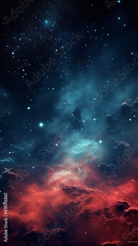 Deep space sky with stars red and cyan color ambience ultra realistic photo. Wallpaper for phone, tablet, vertical orientation.
