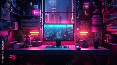Generative AI, Computer on the table in cyberpunk style, nostalgic 80s, 90s. Neon night lights vibrant colors, photorealistic horizontal illustration of the futuristic interior. Technology concept...
