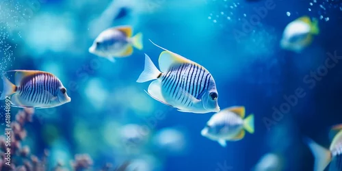 Panel kuchenny z motywem Tropical sea underwater fishes on coral reef. Aquarium oceanarium wildlife colorful marine panorama landscape nature snorkeling diving
